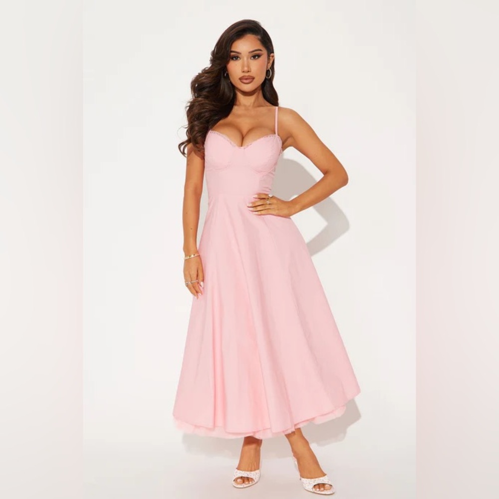 Fashion Nova Elegant Pink Spaghetti Strap Dress Daya Corset Poplin Midi Dress
